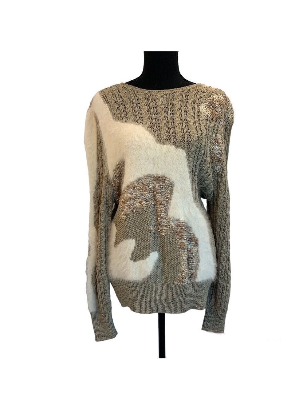 LARA Ferrante Vintage rabbit fur taupe cream multi textured long sleeve sweater